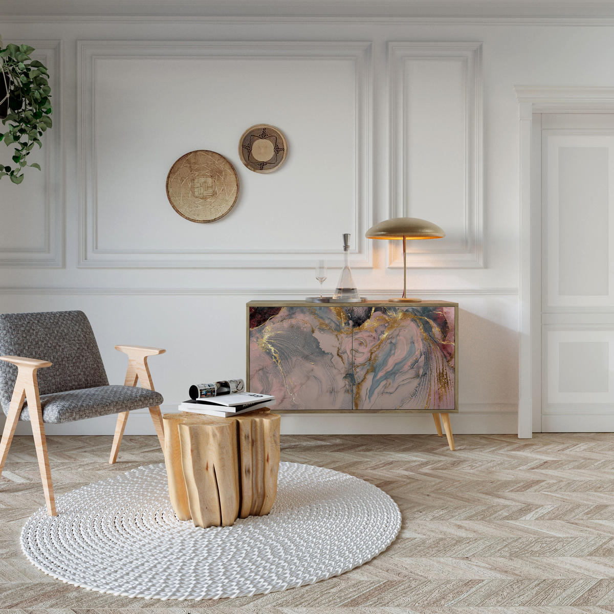 SIDEBOARD GILDED SWIRLS, Eicheneffekt, 111x42x77,5 cm, 2 Türen - Eichefarben/Buchefarben, Holzwerkstoff/Buchenholz (111/77.5/42cm) - SpaceRebels
