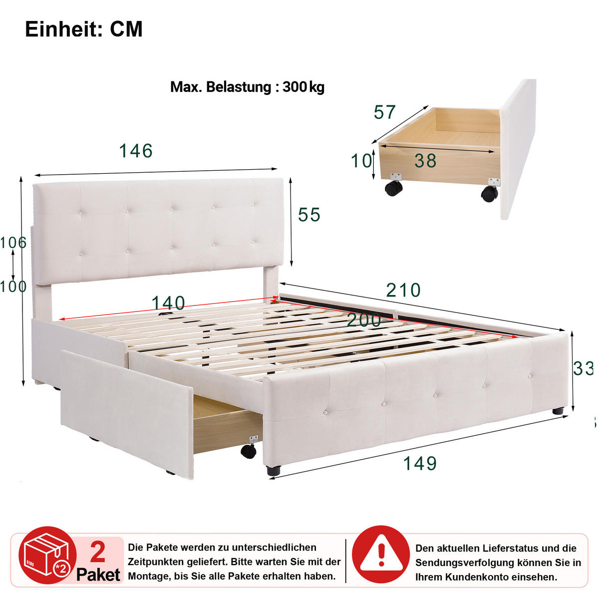 OBLAZINJENA POSTELJA 140/200 cm z bež tekstilno prevleko, 4 predali in letvenim dnom - bež, kovina/tekstil (140/200cm) - WISHDOR
