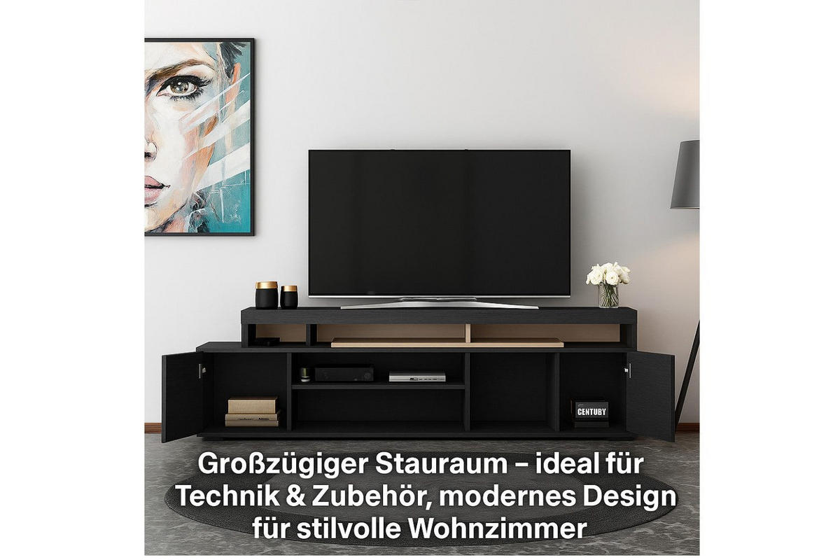 TV-LOWBOARD 192 x53x37cm Schwarz mit LED-Beleuchtung - Schwarz, Holzwerkstoff (192/53/37cm) - Ibonto