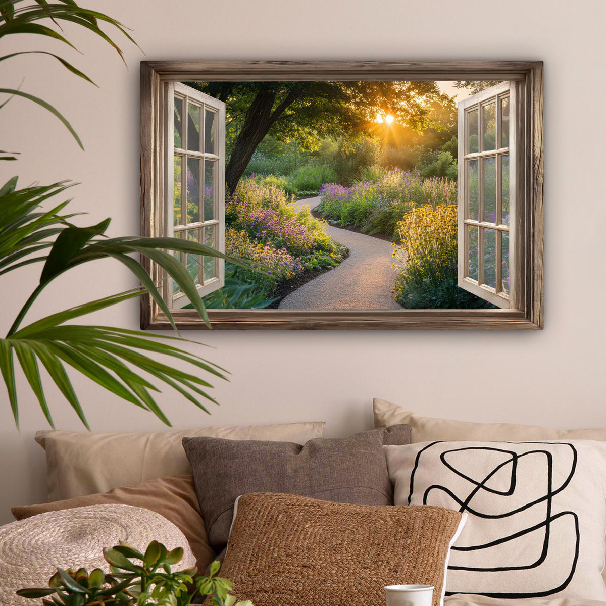 LEINWANDBILD Aussicht - Blumen - Natur - Sonne - Weg Gemälde 60x40 cm - Hellgelb, Textil (60/40cm) - MuchoWow