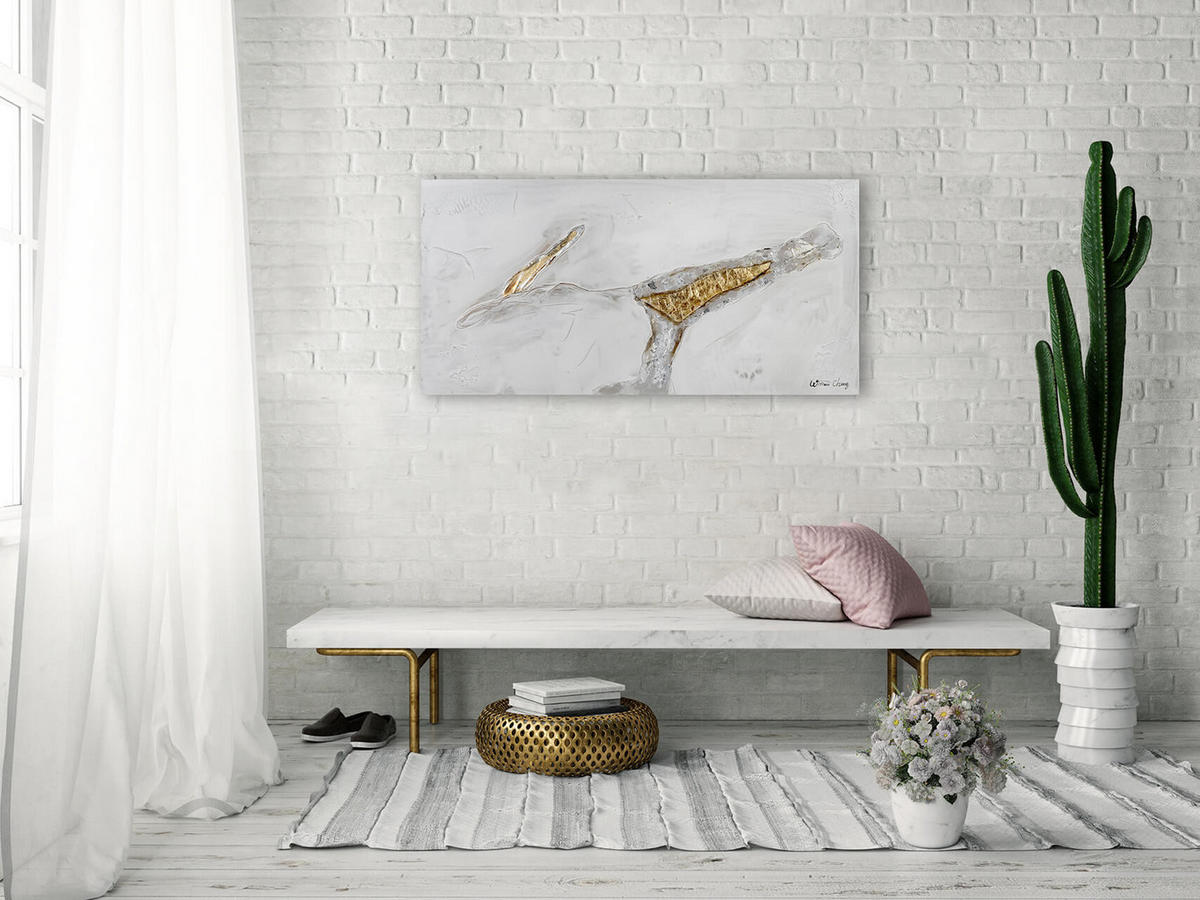 RUČNE MAĽOVANÝ AKRYLOVÝ OBRAZ 100/50 cm, biely/zlatý, abstraktný geometrický motív - biela/zlatá, drevo/textil (100/50cm) - KUNSTLOFT