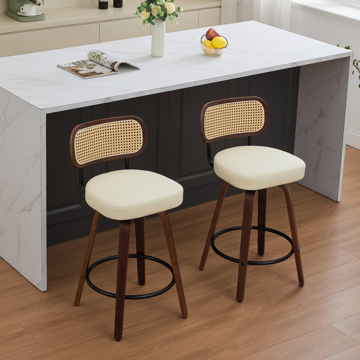 BARHOCKER 2er-Set,Drehstuhl,360° drehbar,PU-Leder,Beige - Beige, Holz (42/90/56cm) - LVHOM