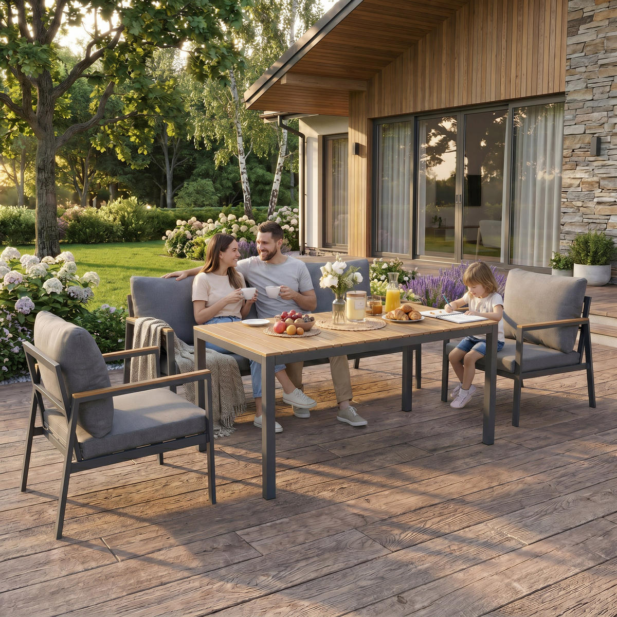 GARTENSET Winston, aus Metall, 2 Sessel + 3-Sitzer Sofa + Esstisch, für 5 Personen, Dunkelgrau - Dunkelgrau, Metall - Beautysofa