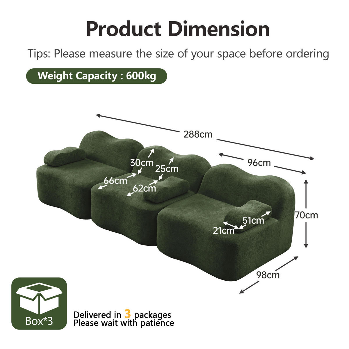 3-SITZER-SOFA aus Samt Grün mit tiefer Sitzfläche, Wellenform und flexiblem Hocker - Grün, Textil (288/70/98cm) - Modfu