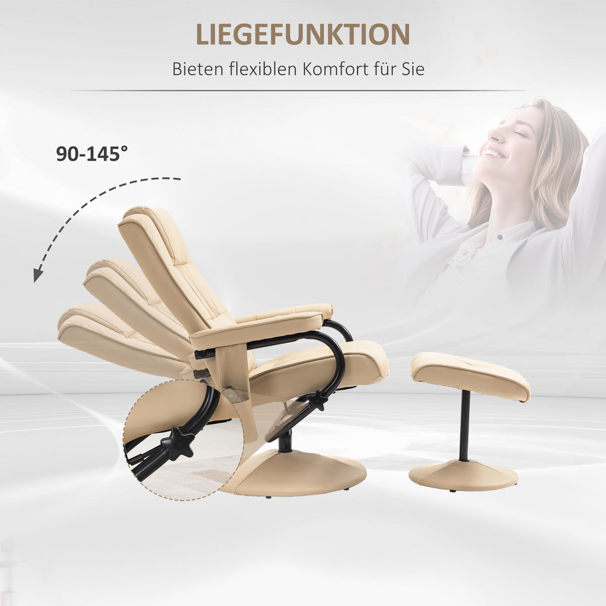 MASSAGESESSEL mit Hocker, Relaxsessel mit Liegefunktion, Massagefunktion, Creme - Creme/Schwarz, Leder/Kunststoff (84/95/77cm) - HOMCOM