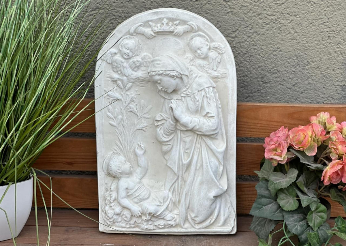 STEINFIGUR Wand Ikone Maria und Jesus, Steinguss Weißbeton - Weiß, Stein (25/3/40cm) - stoneandstyle