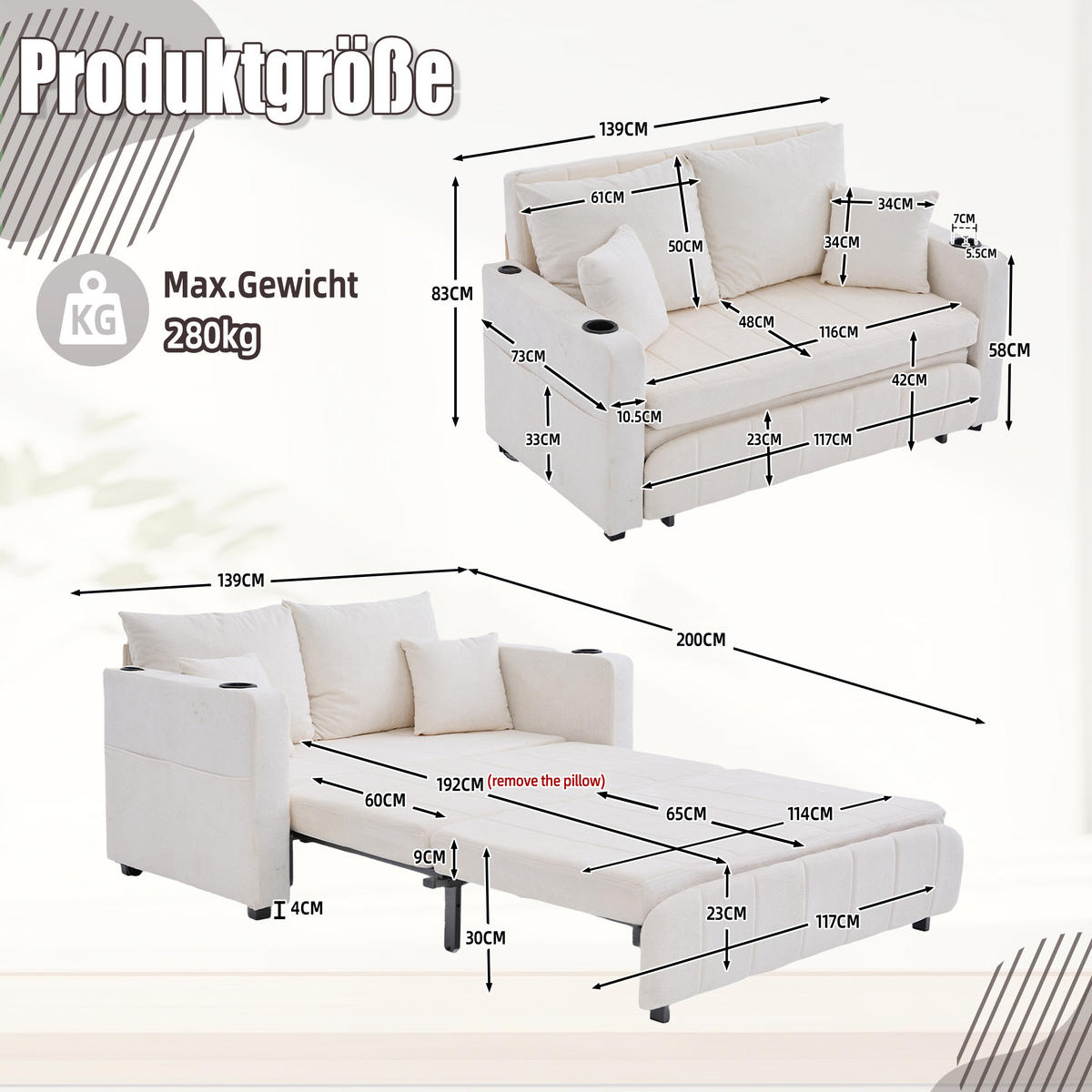 SCHLAFSOFA ausziehbar 139 x 83 cm Chenille Beige - Beige, Holzwerkstoff (139/83/73cm) - Meubliv