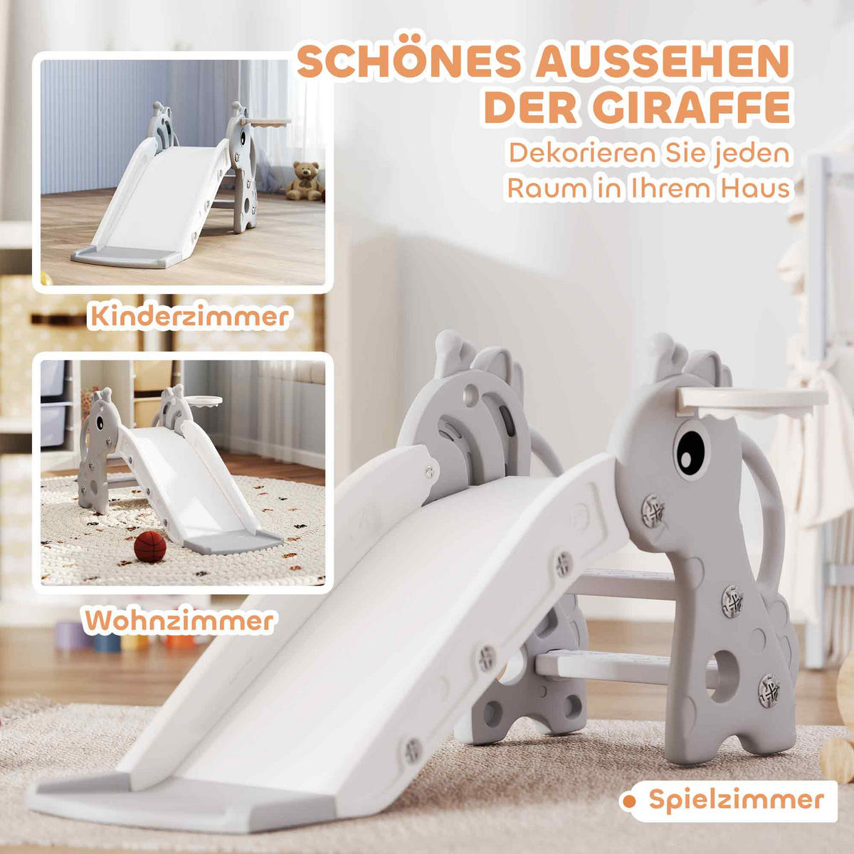 KINDERRUTSCHE, 3 in 1, Kleinkinderrutsche mit Basketballkorb, Basketball, Grau - Grau, Kunststoff (51.5/52/106cm) - AIYAPLAY