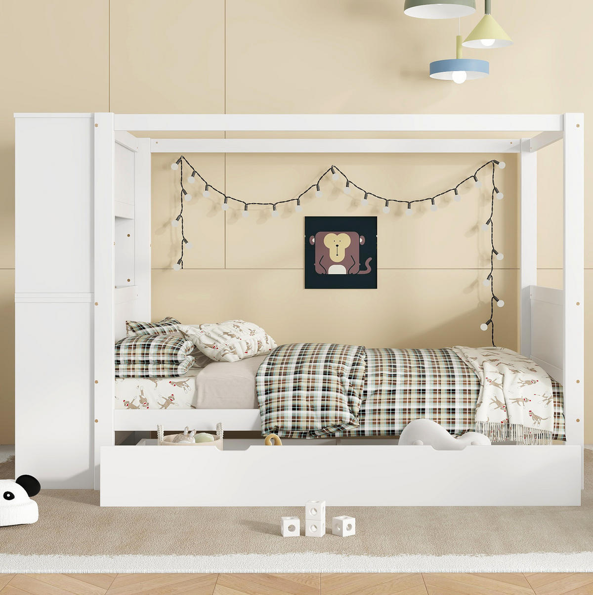 KINDERBETT aus Kiefernholz und MDF 90x200 cm Weiß mit Fallschutz, 5 Schubladen und seitlichem Stauraum - Weiß, Holzwerkstoff (90/200cm) - Modfu