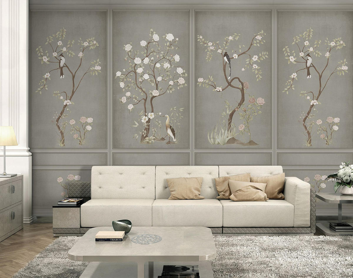 FOTOTAPETE Blumen und Vögel 318 x 280 cm - Grau, Papier (318/280cm) - Sanders & Sanders