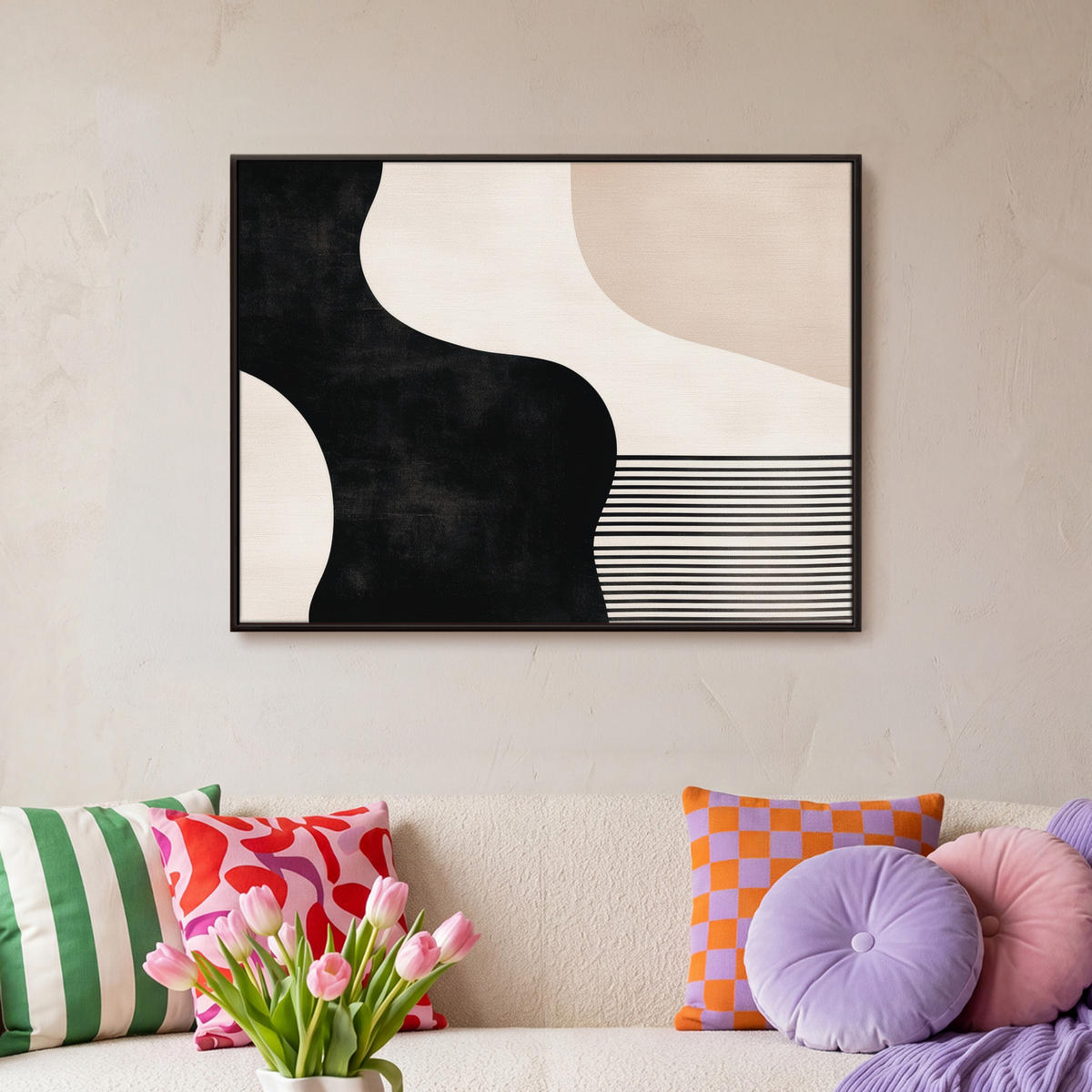 LEINWAND Bilder mit Rahmen - Abstrakt - Japandi - Beige - Modern - 70x50 - Schwarz, Textil (70/50cm) - MuchoWow
