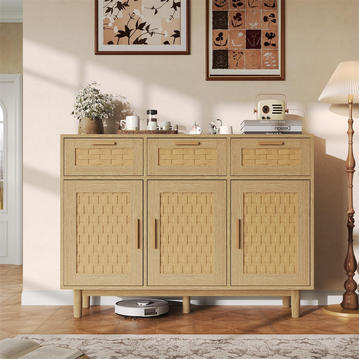 SIDEBOARD mit 3 Schubladen und 3 Türen - natürliche Geflecht-Optik und feine Metallgriffe - Eiche-Optik - Eichefarben, Holzwerkstoff (107.9/80/40cm) - DELFA