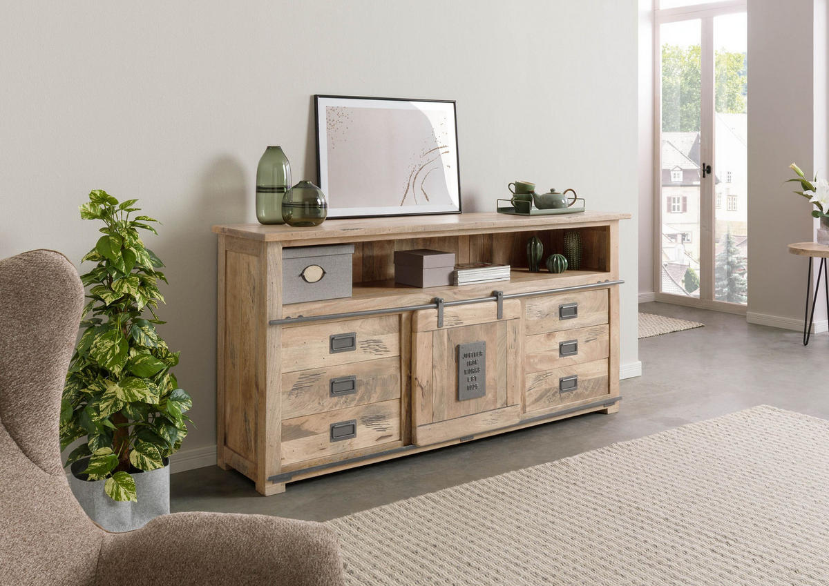 SIDEBOARD Mango 180x45x90 beige lackiert RAILWAY #367 - Beige, Holz (180/90/45cm) - Massivmoebel24