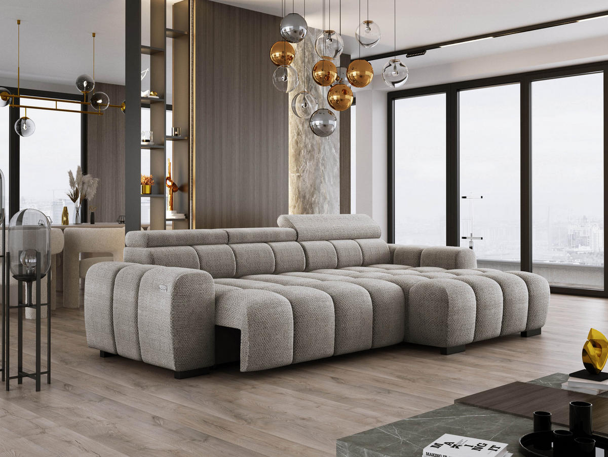 ECKSOFA OMBO 285x168x77/97 cm, Rechts, Schlaffunktion, elektr. Sitz, Kopfstützen, hydrophober EDEN-Stoff – Grau - Grau, Holz/Textil (285/168cm) - DomoHome