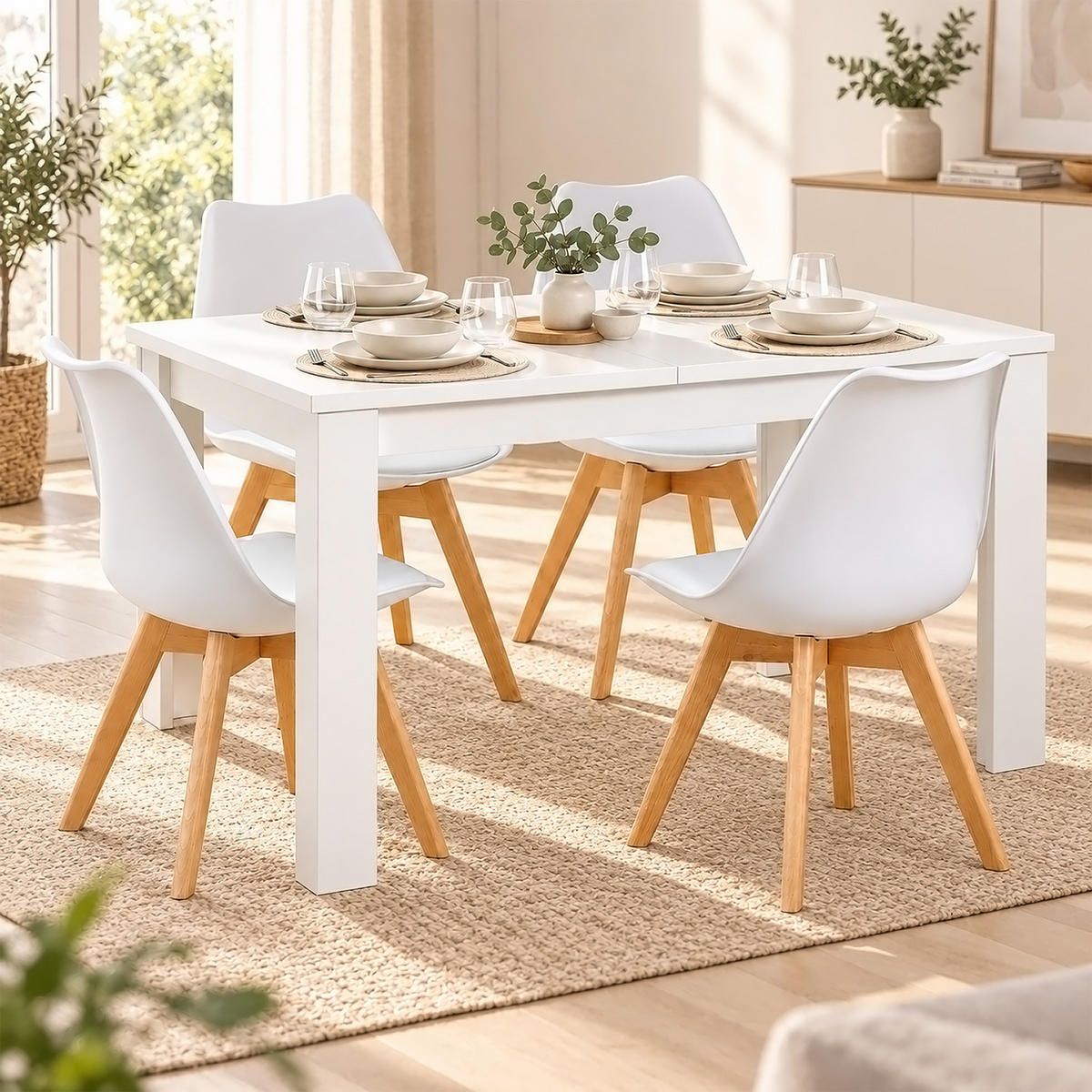 TISCHGRUPPE 120/80 cm Weiß mit 4 Stühlen - Beige/Weiß, Holz/Kunststoff (80/80/120cm) - Homestyle4u