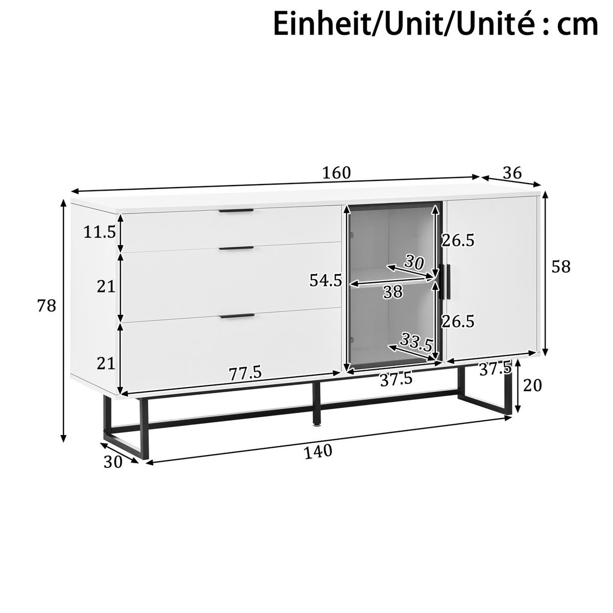 SIDEBOARD 160/36/78 cm in Weiß mit Glastüren, 3 Schubladen und LED-Beleuchtung - Weiß, Holzwerkstoff (160/78/36cm) - Flora Grace