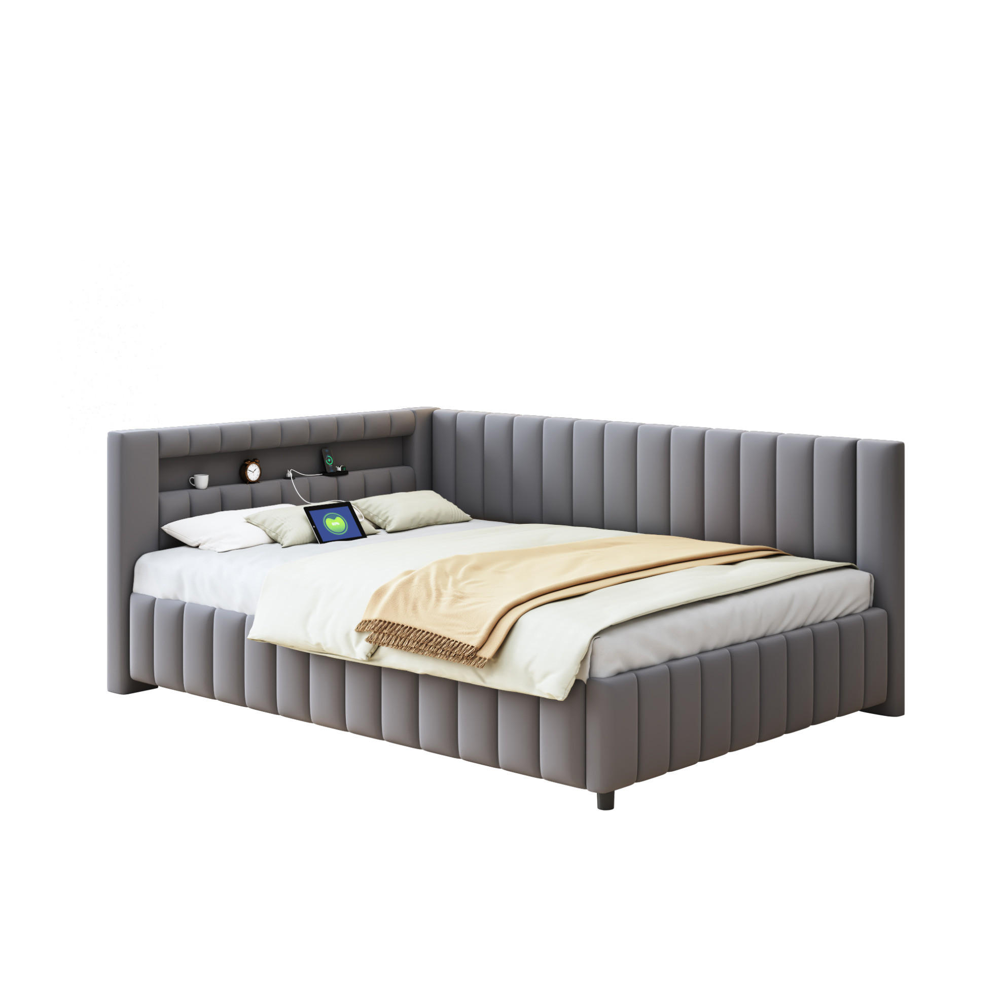 POLSTERBETT 140/200 cm grau aus Samtstoff mit LED-Licht und USB-Anschluss - Grau, Textil (140/200cm) - OKMYHOME