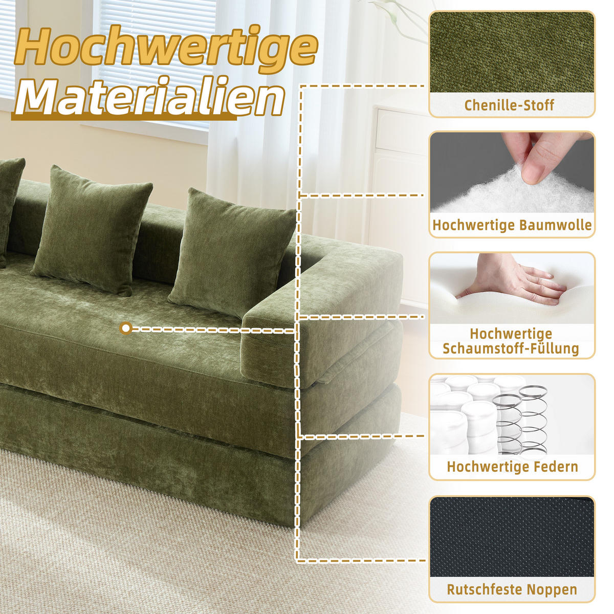 SCHLAFSOFA 198/79/60 cm Grün mit Aufbewahrungstaschen - Grün, Textil (198/60/79cm) - Oxeza