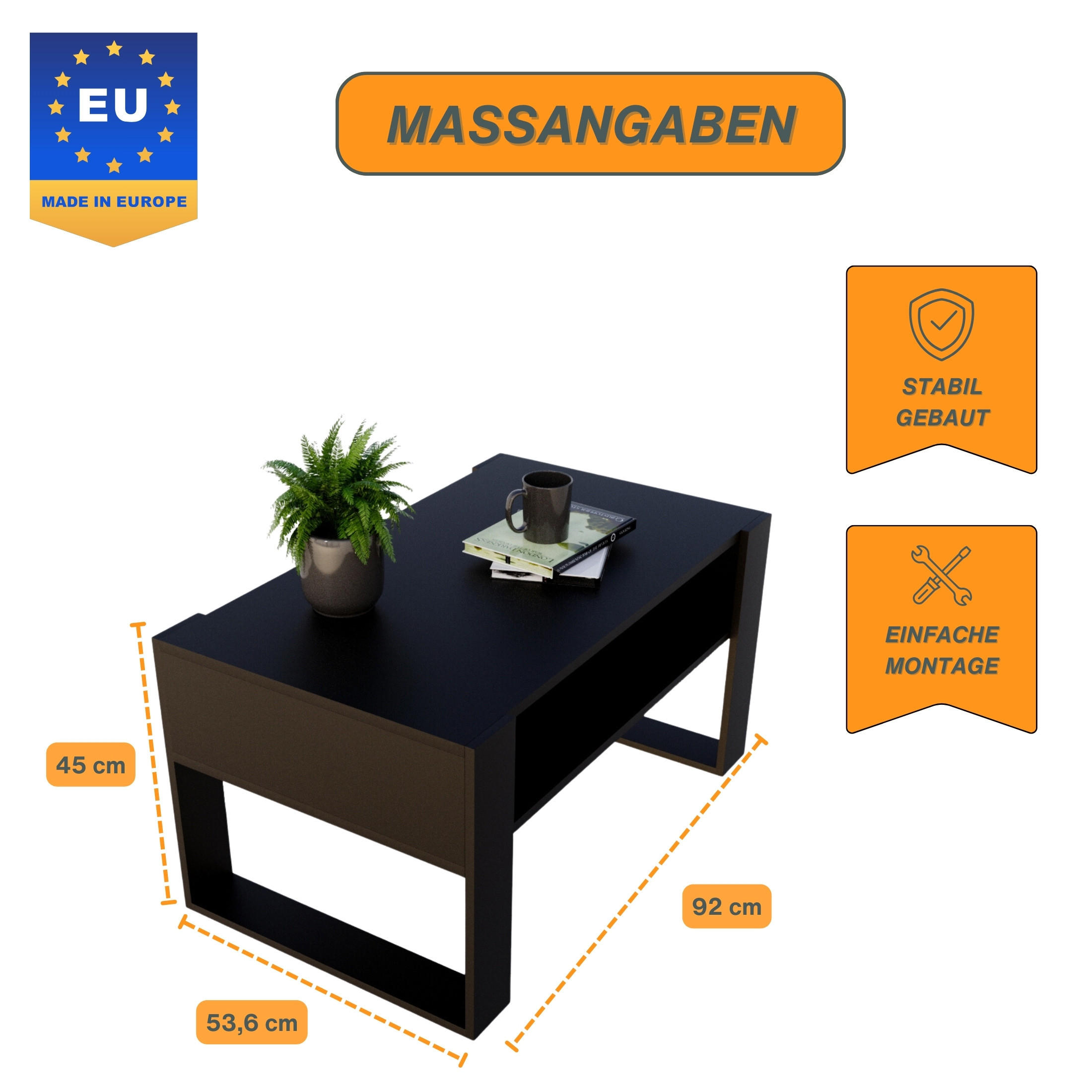 COUCHTISCH Holzwerkstoff rechteckig stabil Schwarz 45/53,6/92cm - Schwarz, Holzwerkstoff (53.6/92/45cm) - CraftPAK