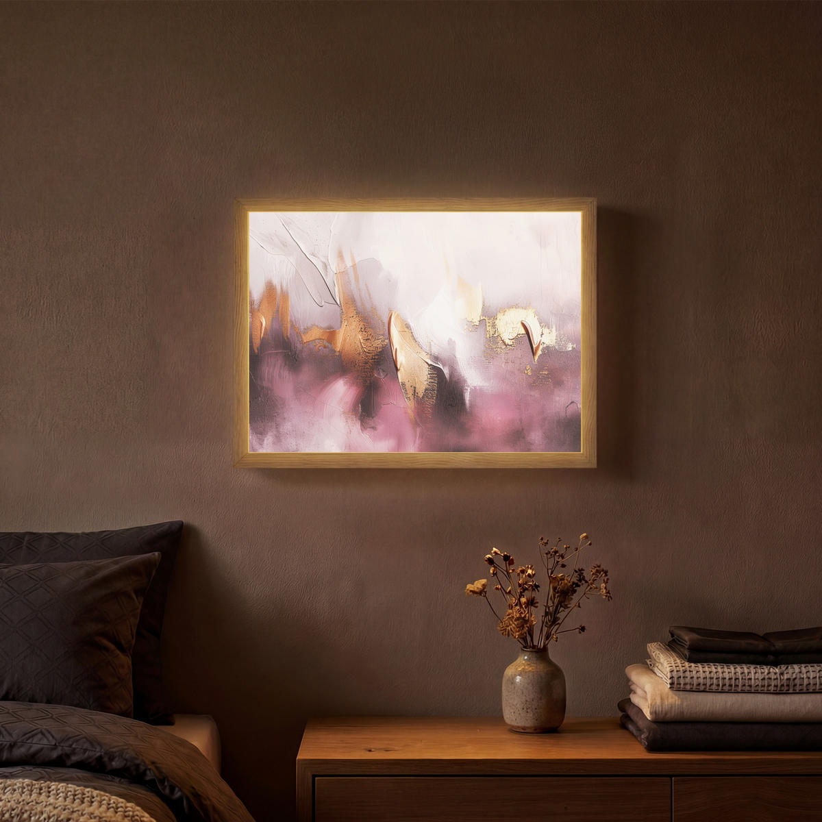 NÁSTĚNNÁ LAMPA S AKUMULÁTOREM Fialová - abstraktní - barva - zlatá 40x30 cm - světle fialová, kompozitní dřevo (40/30/8cm) - OnlyWow