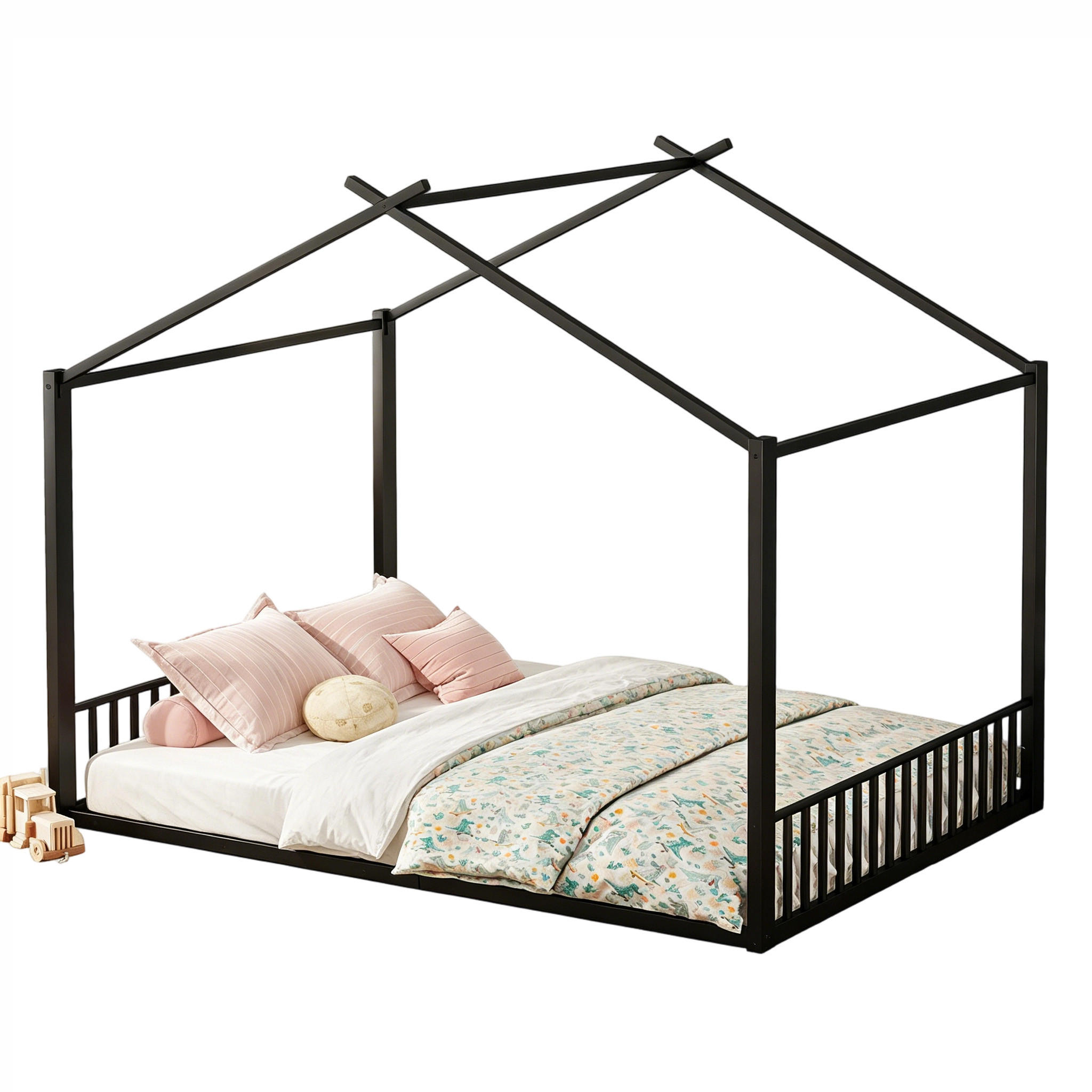 KINDERBETT 140/200 cm in Schwarz Hausbett mit Dachrahmen - Schwarz, Metall (140/200cm) - STILVORA