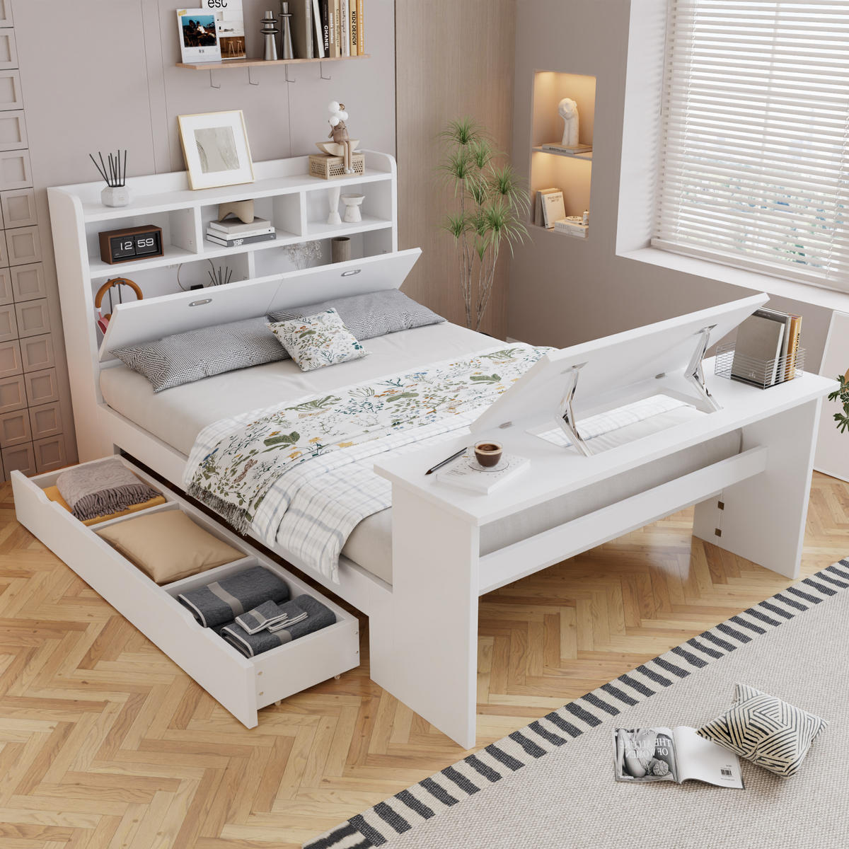 BETT 140/200 cm in Weiß mit Stauraum, Klapptisch und verstellbarer Schublade aus Holz - Weiß, Holzwerkstoff - STILVORA