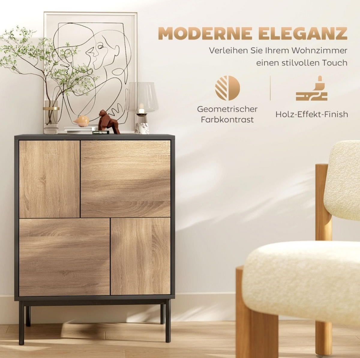 SIDEBOARD aus MDF und Metall 60x35x78 cmSchwarz mit Push-to-open-Funktion und 4 geschlossenen Fächern - Schwarz, Holzwerkstoff (60/78/35cm) - Modfu
