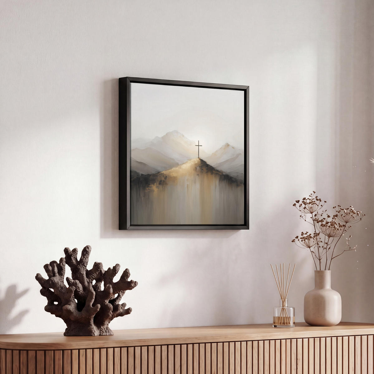 LEINWAND Bilder mit Rahmen - Hügel - Abstrakt - Kreuz - Christentum - 20x20 - Beige, Textil (20/20cm) - MuchoWow