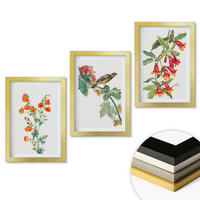 WANDBILDER 3er Set - 20x30 cm Goldrahmen - Gemalte Blumen und ein Vogel - Goldfarben, Kunststoff (20/30cm) - ArtPrintCave