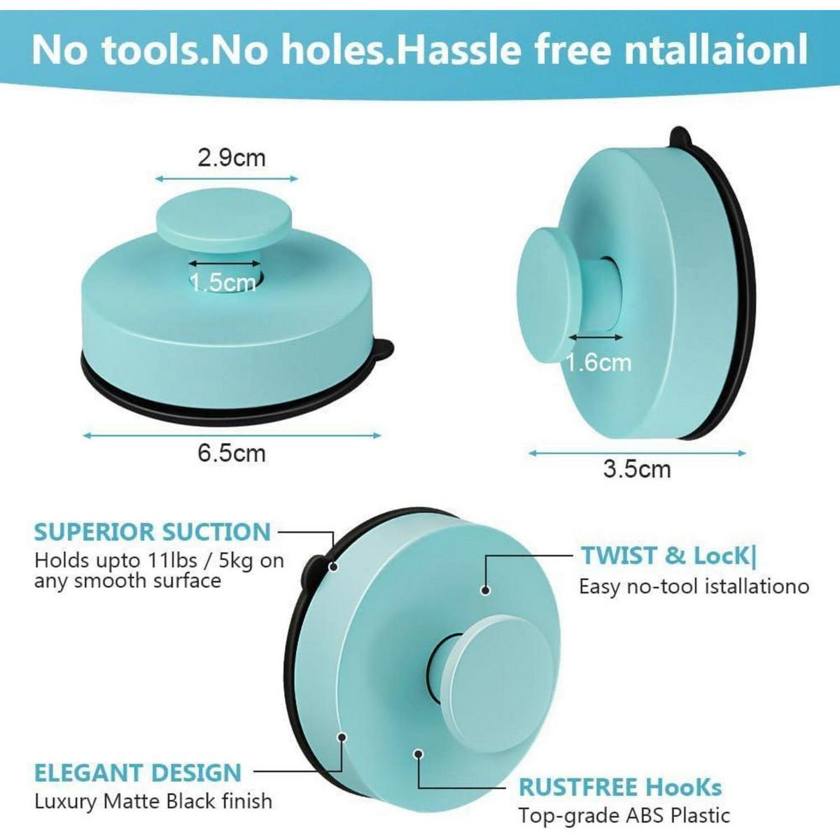 WANDHAKEN 2-teiliges Set Blau Ohne Bohren - Türkis, Kunststoff (3.5/2.9/6.5cm)