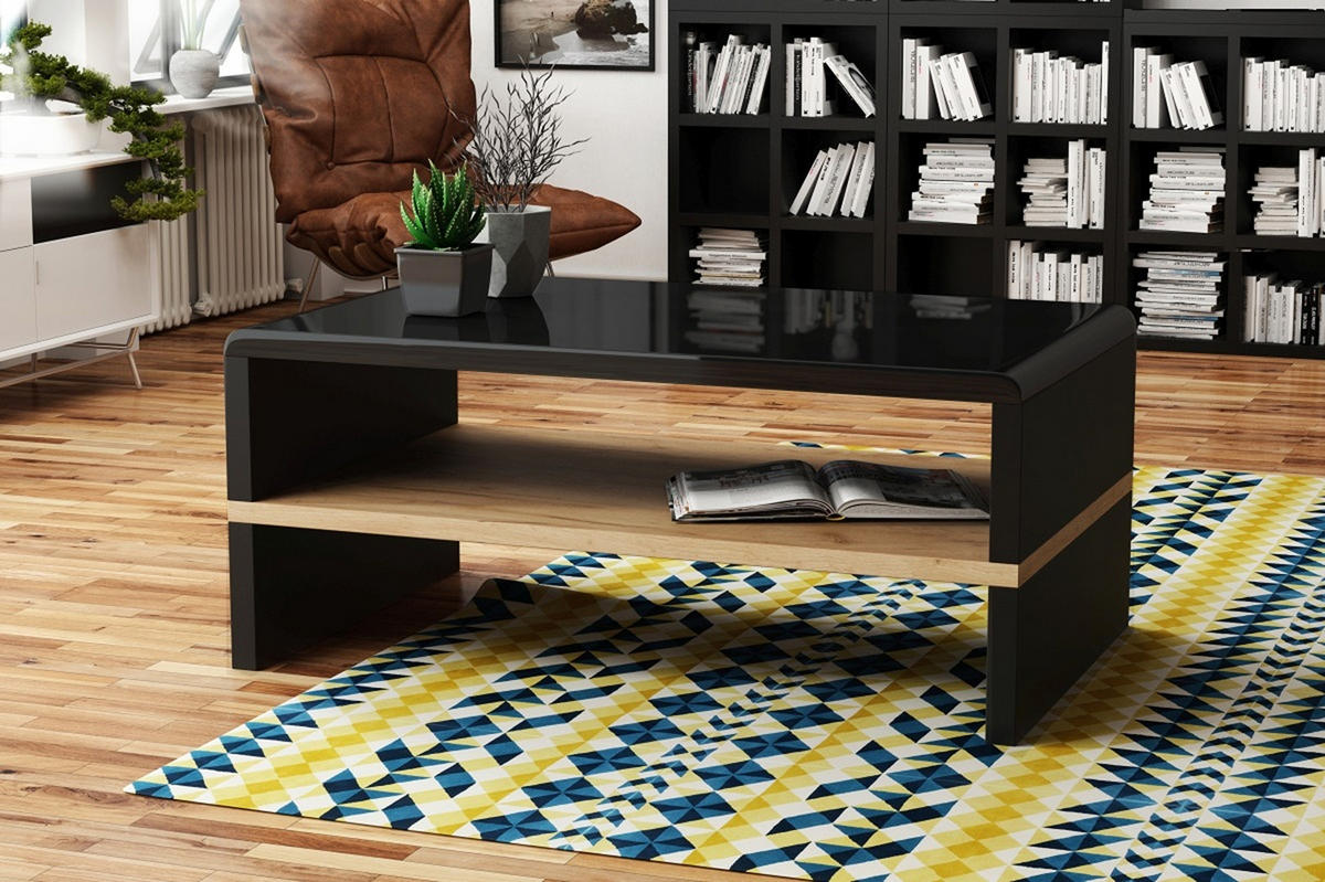 COUCHTISCH rechteckig Schwarz Hochglanz - Eiche Gold mit Ablage - Schwarz Hochglanz/Eichefarben, Holzwerkstoff (60/100/43cm) - designimpex