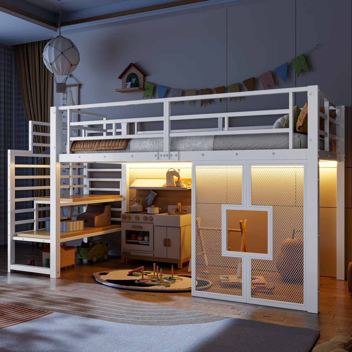 HOCHBETT 90x200 cm in Weiß mit Stauraumtreppe, LED-Beleuchtung und Fenstern - Weiß, Metall (90/200cm) - IVMEU