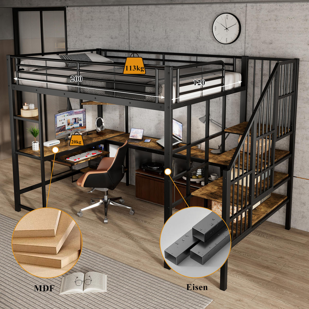 HOCHBETT 120/200 cm in Schwarz & Dunkelwalnuss mit Ladeanschluss, Ecktreppe und Schreibtisch - Schwarz, Holzwerkstoff/Metall (120/200cm) - CHICFURN