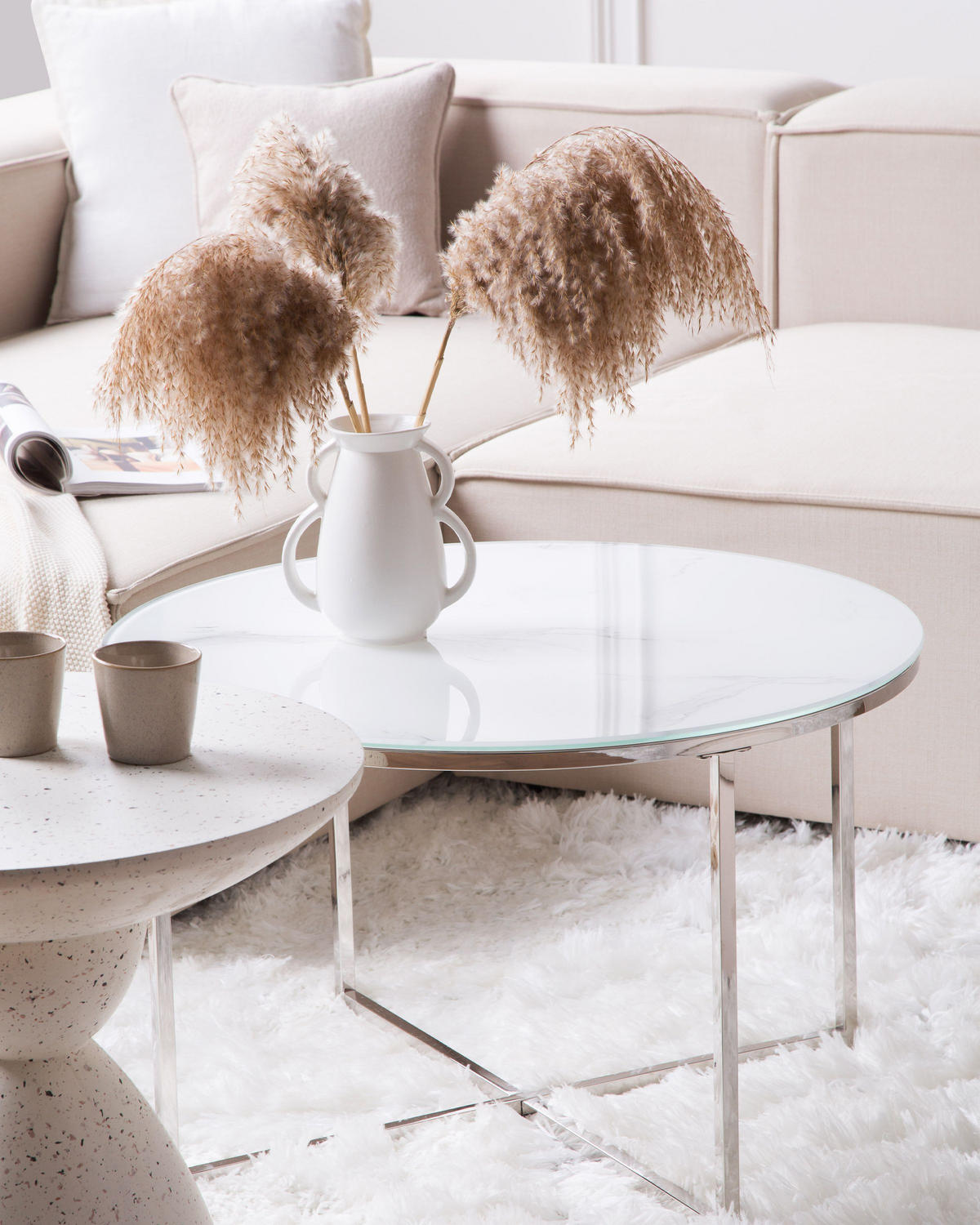 COUCHTISCH Marmor Optik weiß/silber 70cm Quincy - Silberfarben/Weiß, Glas (70/70/45cm) - Beliani