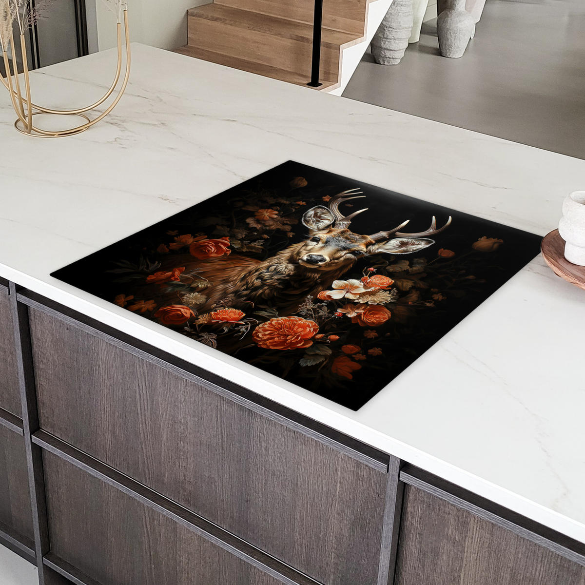 HERDABDECKPLATTE Hirsch - Tier - Blumen - Natur - Botanisch Induktionsmatte 78x78 cm - Kupferfarben, Kunststoff (78/78/0.2cm) - MuchoWow