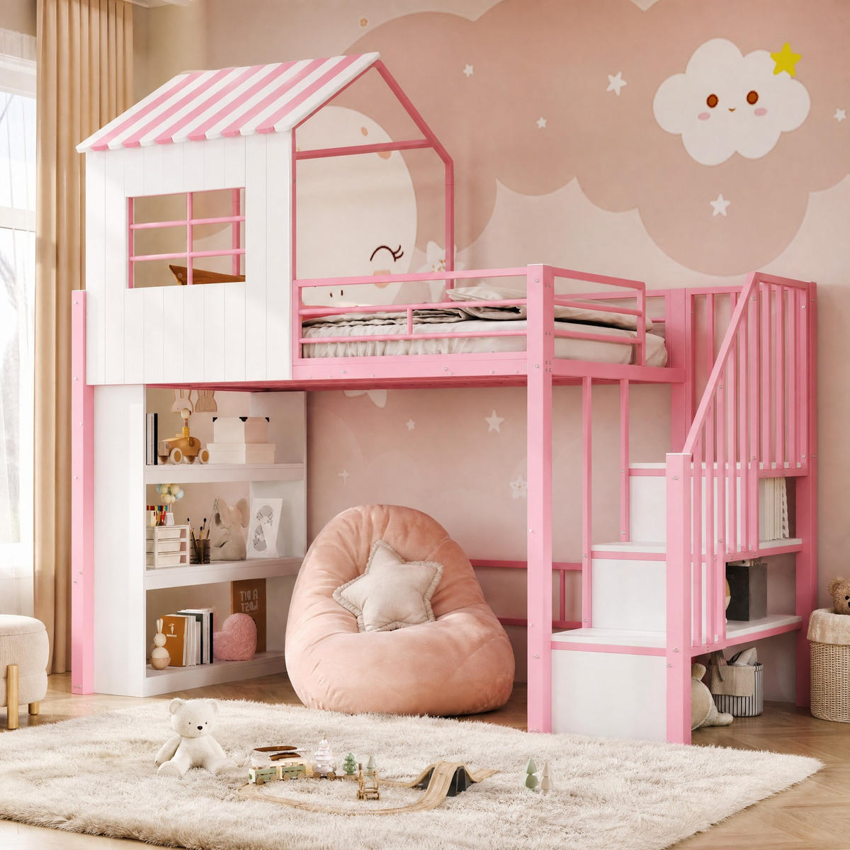 HOCHBETT 90/200 mit Stauraumregal und Sicherheitstreppe in Rosa - Rosa, Holzwerkstoff/Metall (90/200cm) - EVRYAE