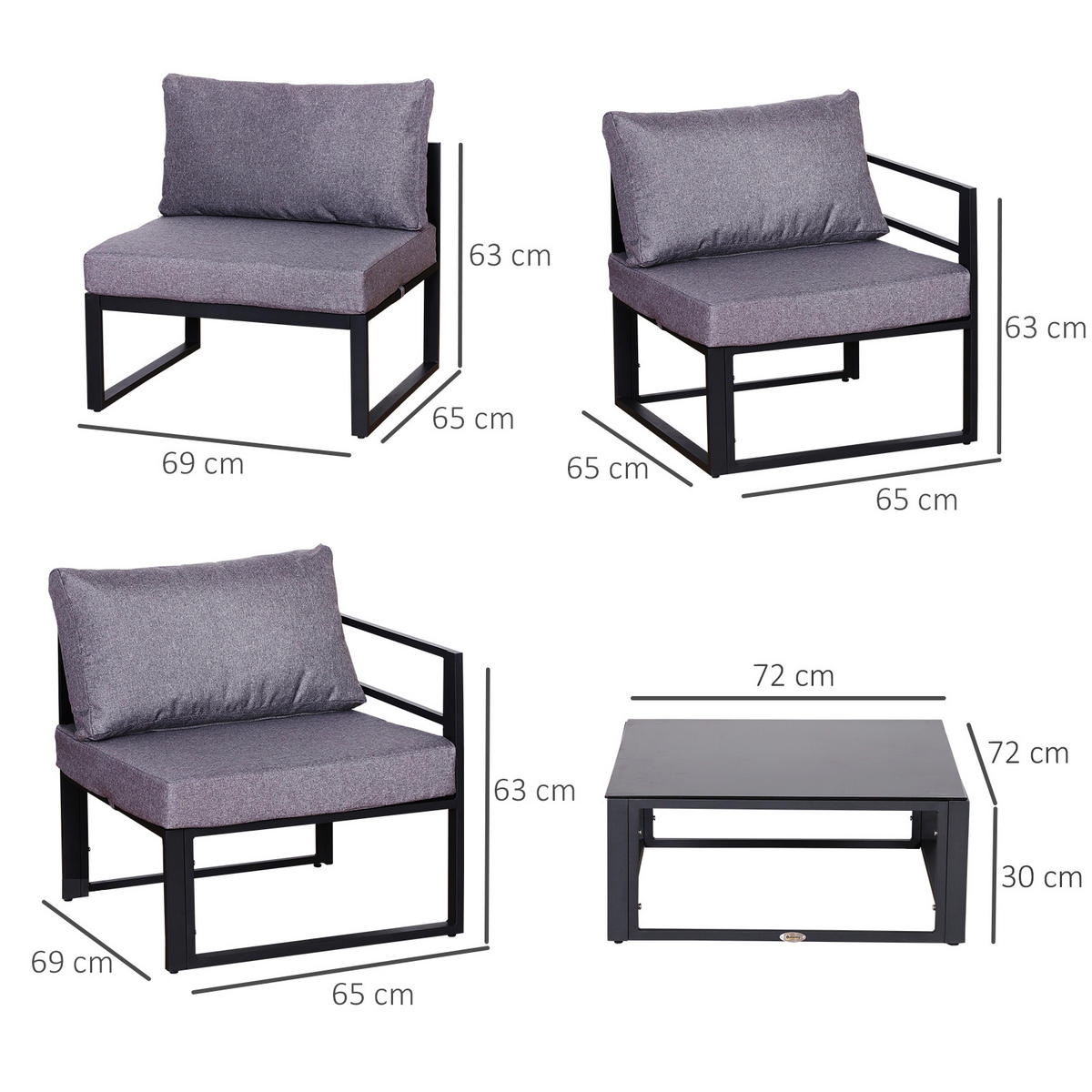 GARTENMÖBEL Set, Alu, Polyester, Grau - Grau, Glas/Kunststoff - Outsunny
