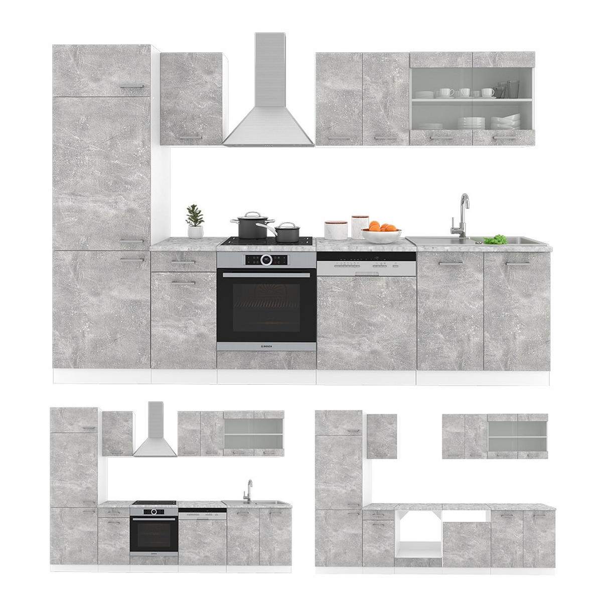 KÜCHENZEILE R-Line Beton/Weiß 300 cm, AP Anthrazit - Schieferfarben/Weiß, Holzwerkstoff (300/81.6/60cm) - Vicco