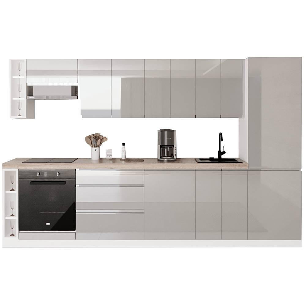 KÜCHENZEILE 340 cm - Aspen KA12-M340- in Grau/Hochglanz - Grau, Holz (340/212/58cm)
