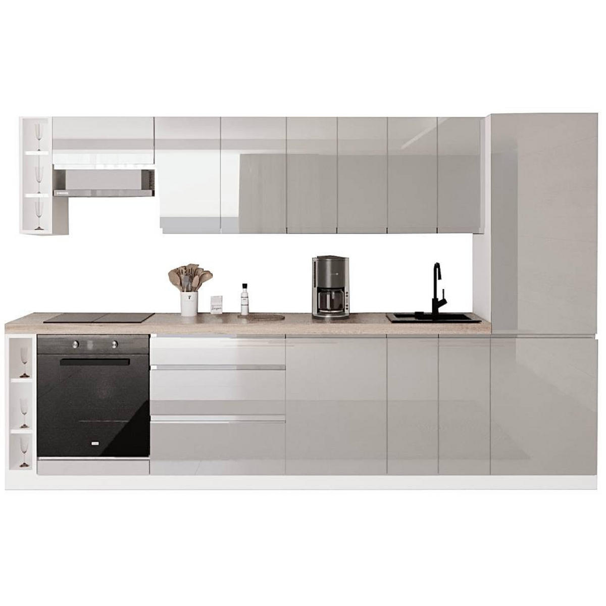 KÜCHENZEILE 340 cm - Aspen KA12-M340- in Grau/Hochglanz - Grau, Holz (340/212/58cm)