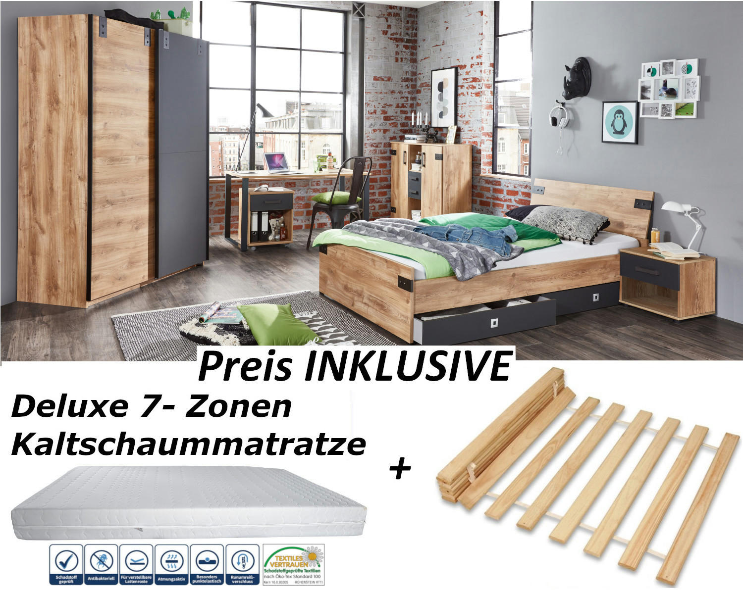 JUGENDZIMMER Liverpool in Plankeneiche und Graphit 9 teilig mit 140er Bett und Schwebetürenschrank - Braun, Holzwerkstoff (120/200/80cm)
