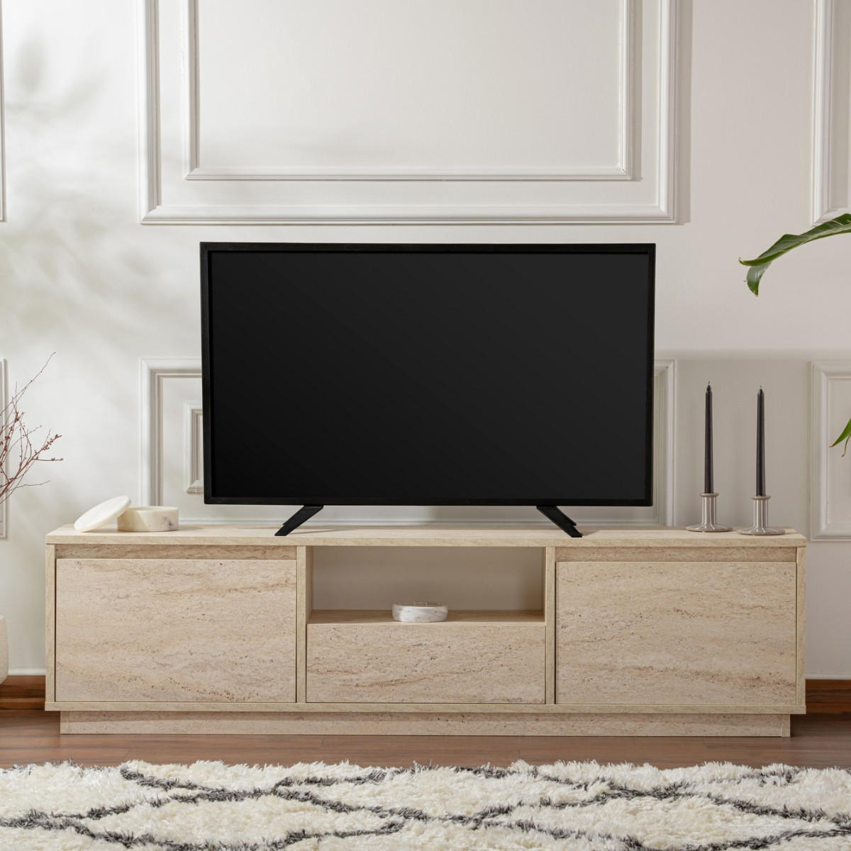 TV-MÖBEL mit 3 klappbaren türen und 1 offenem fach - vanguard 160/29,5/42 cm - Beige, Holzwerkstoff (29.5/42/160cm) - Calicosy