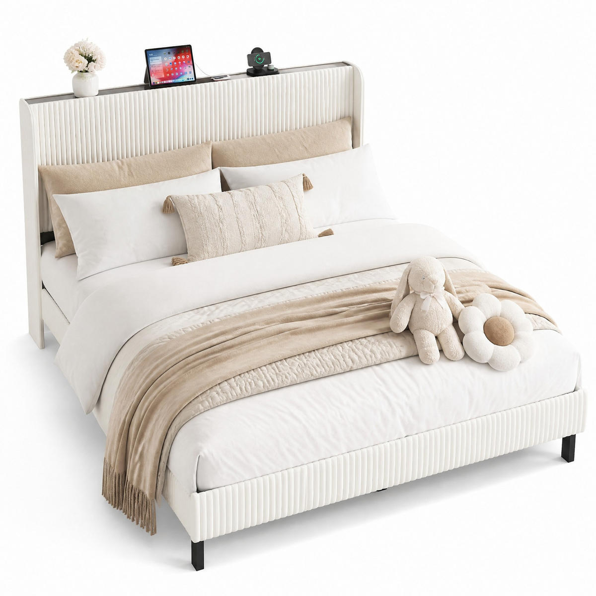 POLSTERBETT 180/200 cm in Beige & Creme Cord mit Flügelkopfteil - Beige, Holzwerkstoff/Textil (180/200cm) - CHICFURN