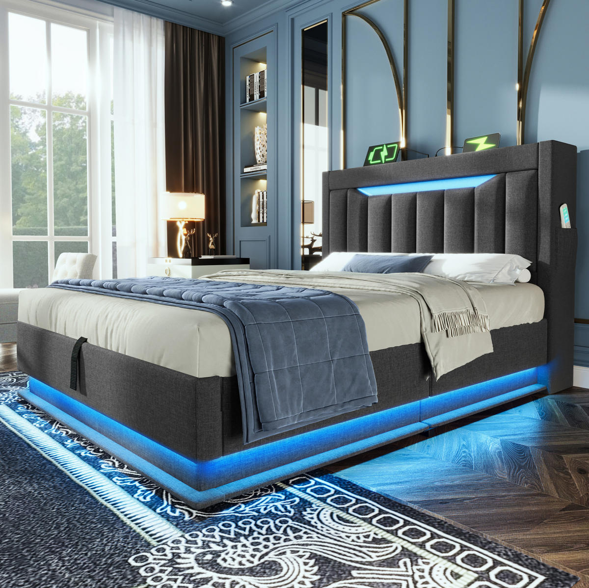 POLSTERBETT 90/200 cm Grau mit Stauraum, LED und USB- und Type-C-Anschlüssen - Grau, Textil (90/200cm) - Flora Grace
