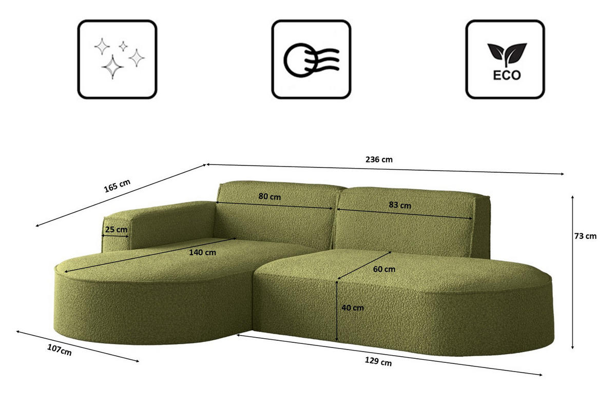 ECKSOFA Modena Studio, Stoff Quelle, Olive Links - Olivgrün, Holz (165/236cm) - Kaiser Möbel
