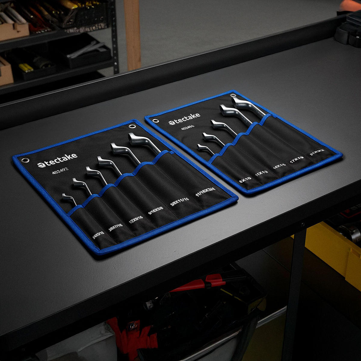 DOPPELRINGSCHLÜSSELSET ,inklusive 2 Rolltaschen mit Ösen,schwarz/silber - Silberfarben/Schwarz, Metall (37/8/7cm) - tectake