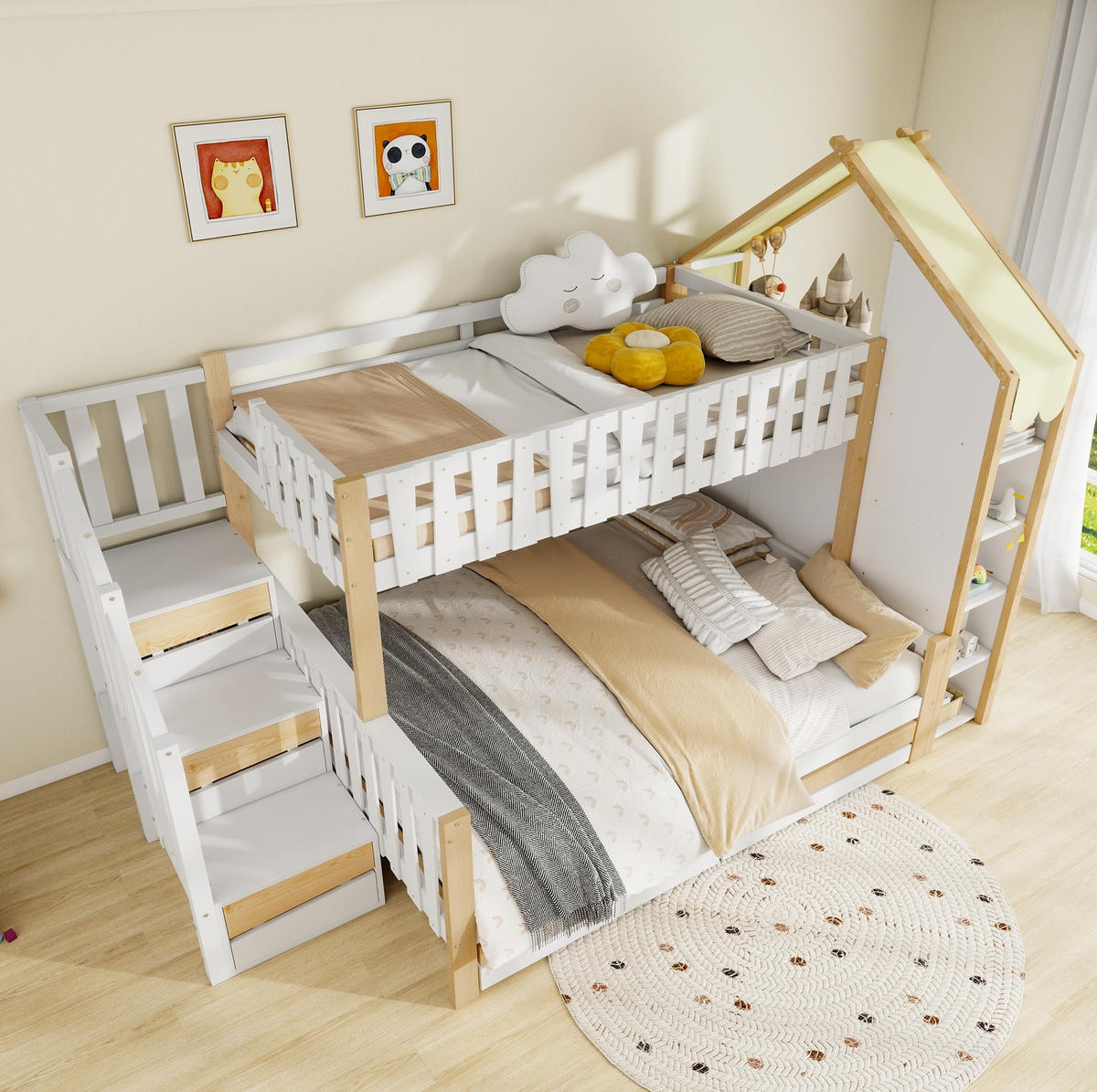 ETAGENBETT 90/200 + 140/200 cm mit Stauraumleiter, Hausdach und 2 Schubladen, Weiß/Natur - Weiß, Holz (90/200cm) - Redom