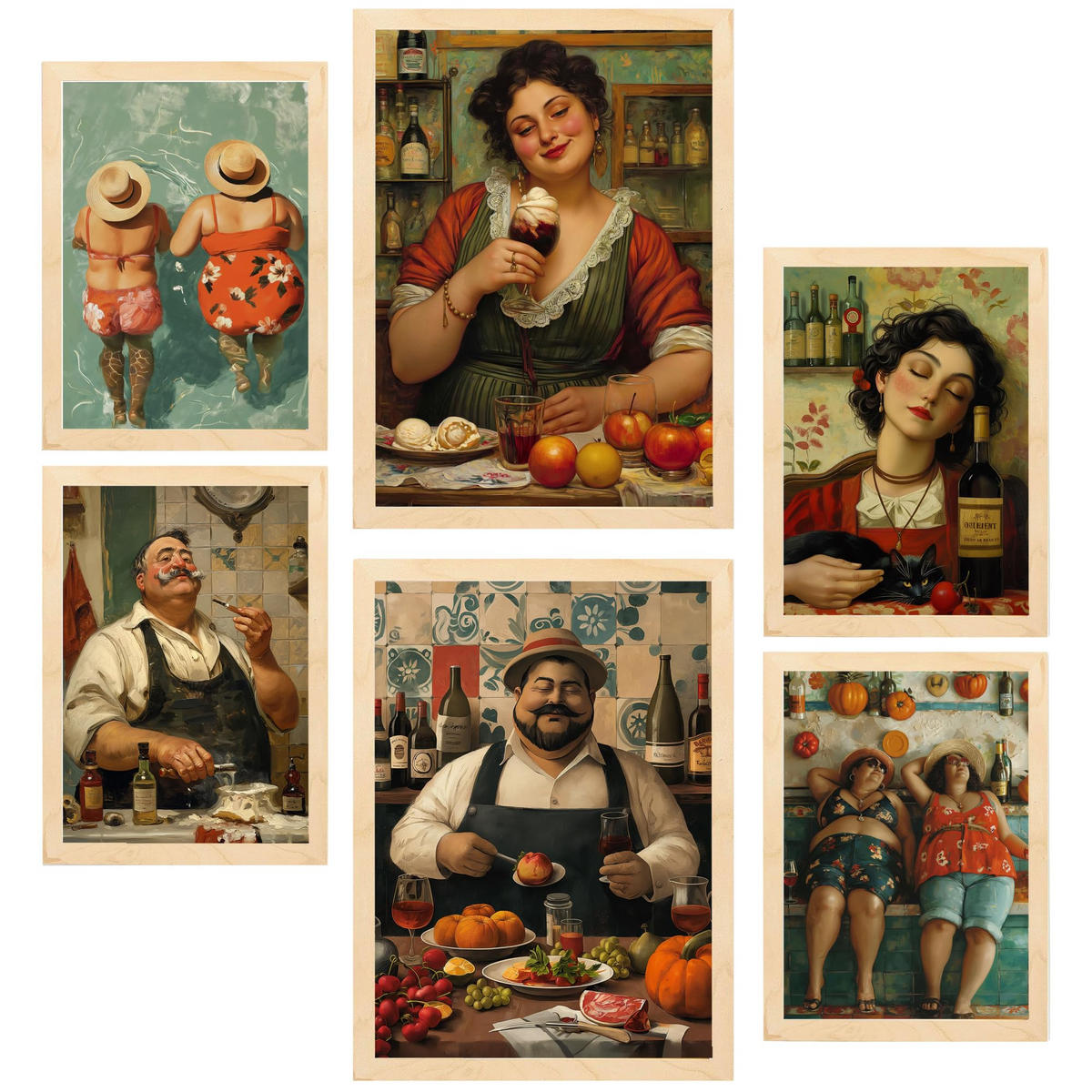 POSTER Set Mit 6 Italienischer Sommer A3 & A4 Rahmen Aus Hellem Holz - Beige, Papier (29/3cm) - Nacnic