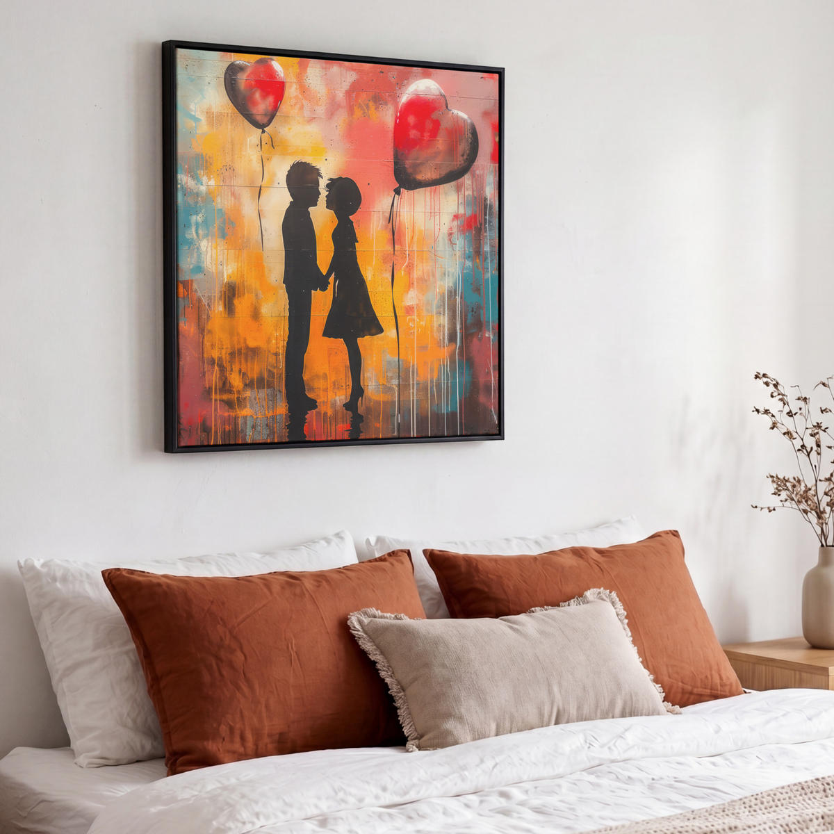 LEINWAND Bilder mit Rahmen - Straßenkunst - Liebe - Graffiti - Kunst - Banksy - 50x50 - Orange, Textil (50/50cm) - MuchoWow