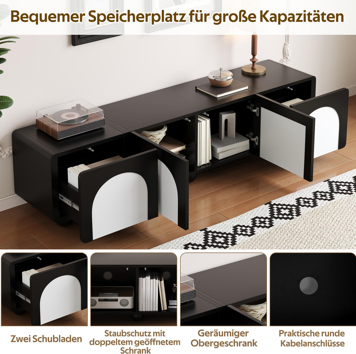 TV komoda z MDF a PB, 180/38/45 cm, černá/bílá - černá, kompozitní dřevo (180/45/38cm) - BEAOK